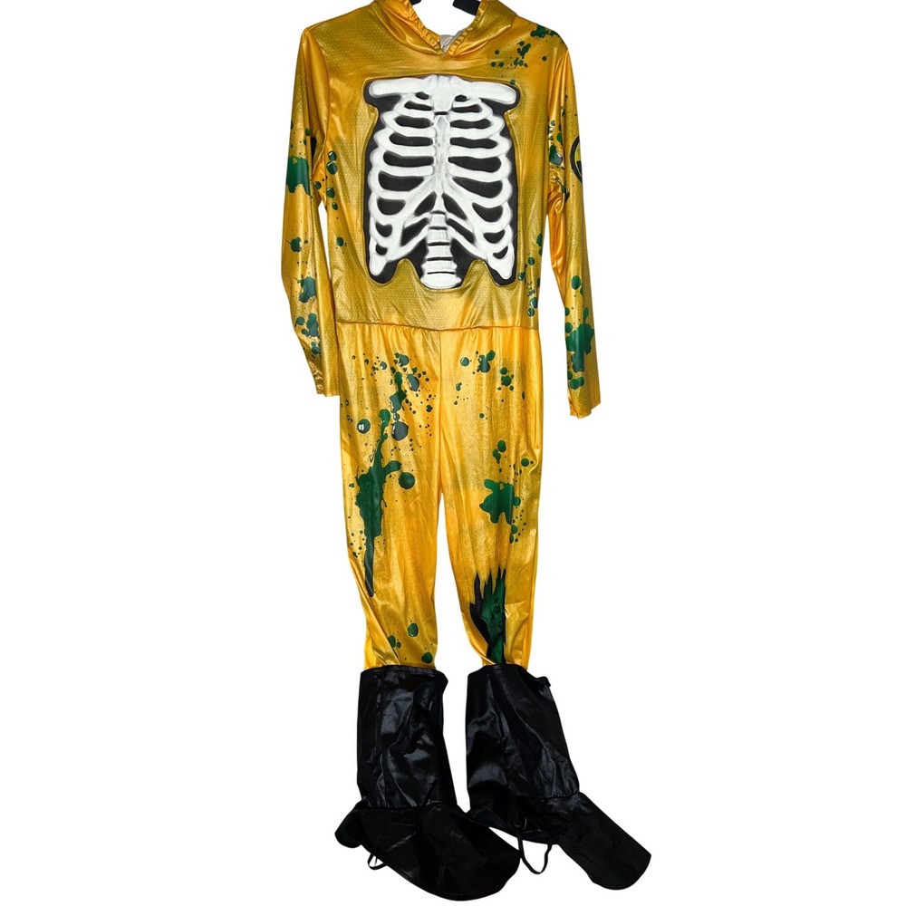 Kids Skeleton Hazmat Suit Halloween Costume Yellow Green Splatter Hood Jumpsuit